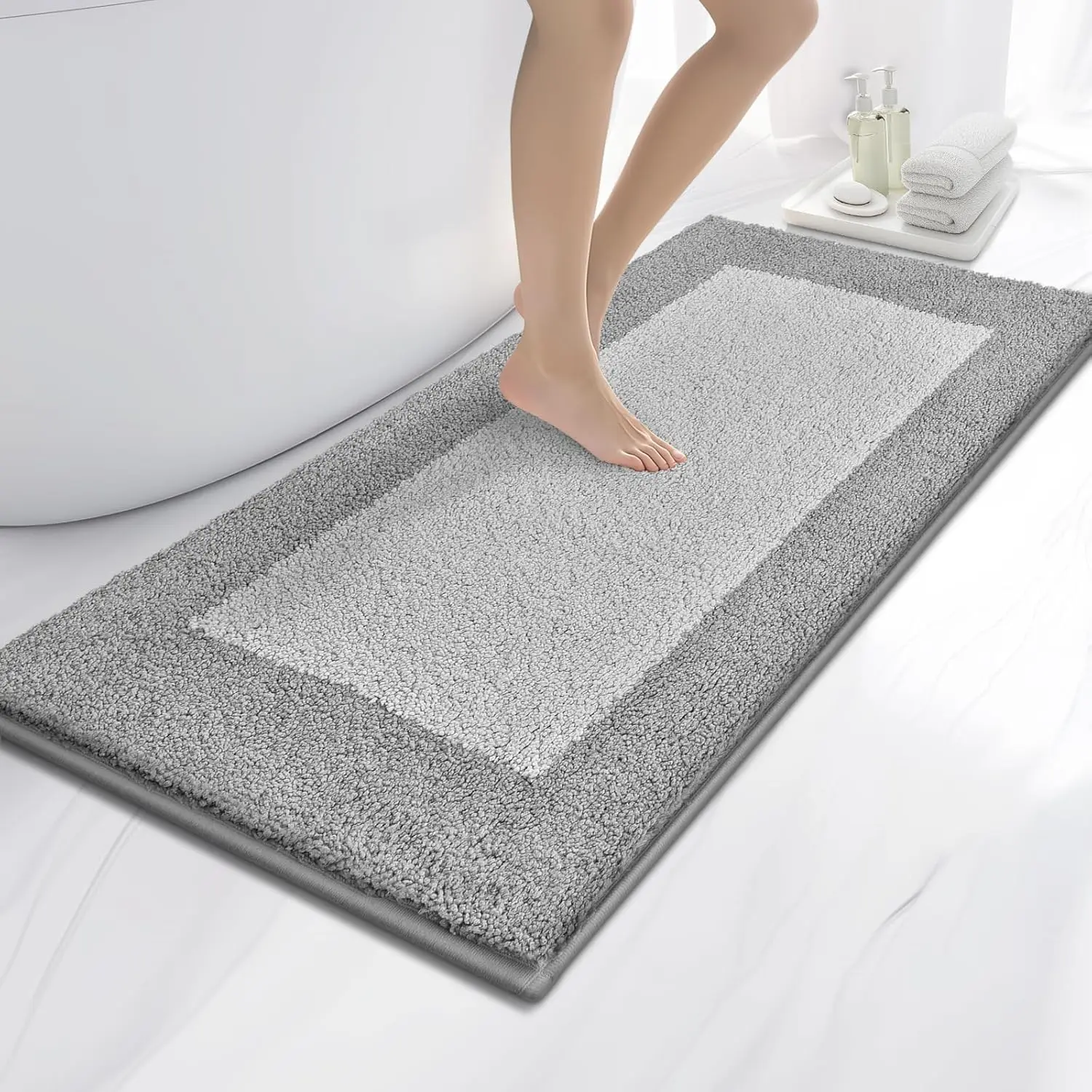 

24x60 Inch Non-Slip Soft Absorbent Bathroom Rugs, Quick Dry Machine Washable Mats for Shower and Bathtub, Light Grey & Grey