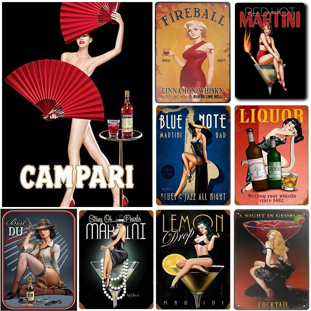 Campari Cocktail Metal Tin Signs Pinup Girls Wall Posters Plaque Vintage Iron Painting Decoration for Cafe Man Cave Pub Club Bar