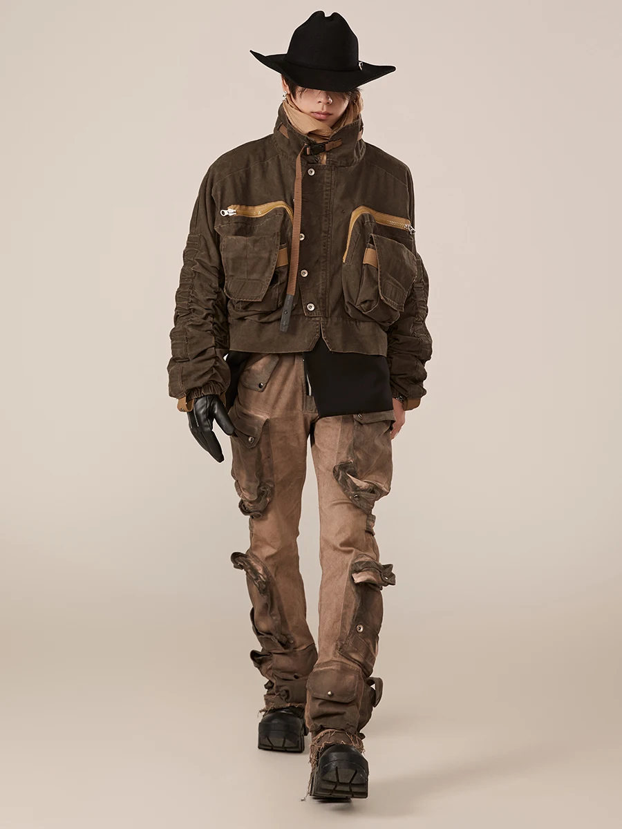 Techwear Style Worn Looking Washed-out Multi-Pocket Stretch Wasteland Wear Overalls Men and Women