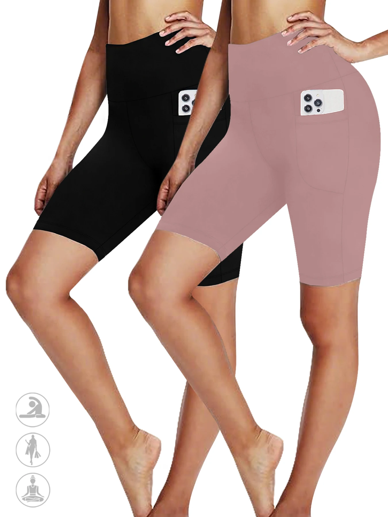 

Комплект из 2 шорт для тренировок для женщин: с высокой талией, в стиле байкерских шорт, с карманами, очень мягкие, непрозрачные, с эффектом коррекции живота