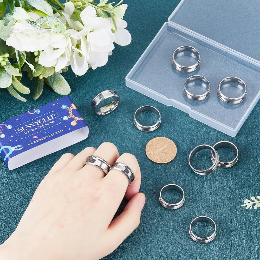 1 Box 18Pcs Stainless Steel Grooved Finger Ring US Size 7/8/9/10/11/12 Ring Core Blanks 8mm Wide Empty Round Grooved making kit image 3
