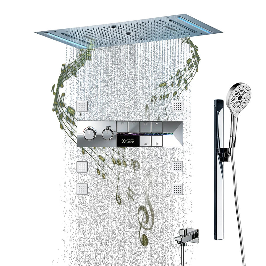 

Qlonn 6-функциональный умный душевой набор 638*338 мм, светодиодная насадка для душа, смеситель для ванной комнаты, термостатический переключатель, массажная насадка для тела