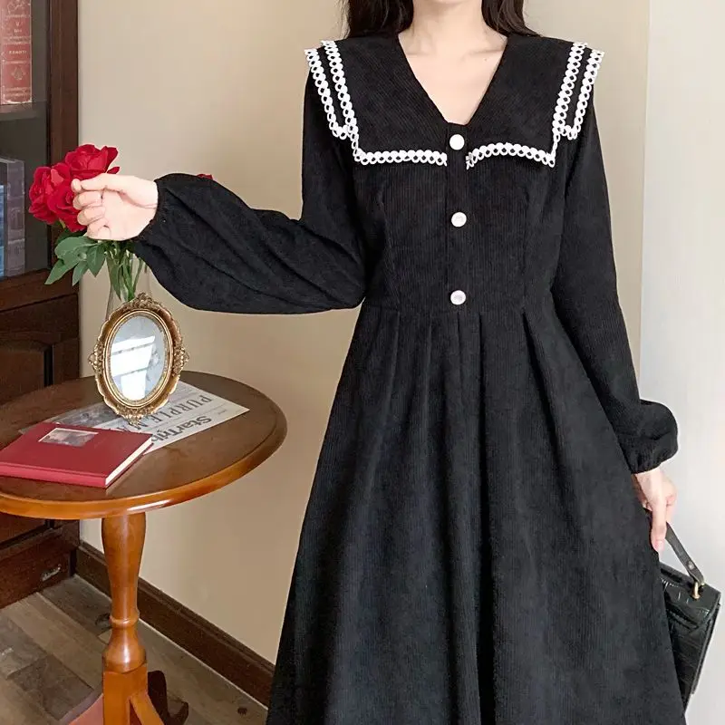 Woman Elegant Party Dresses Korean Vintage Corduroy Black Dress Long Sleeve Robe Clothes Japanese Peter Pan Collar Vestidos 2022