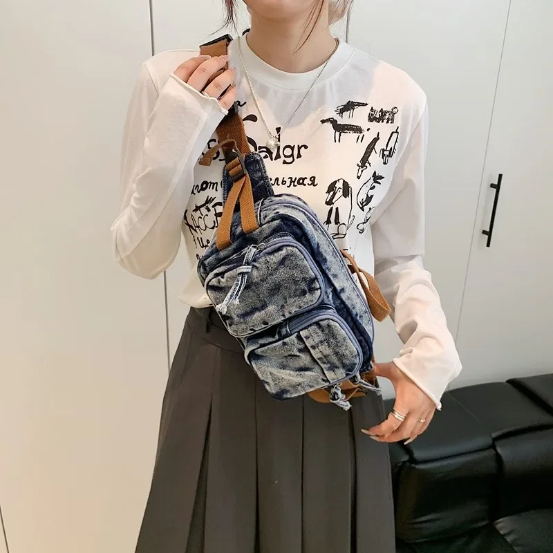 

Denim New Fashion Simple Chest Bags Zipper Casual Women's Bags 2025 Hot Sale Sewing Thread Popular Versatile Waist Packs