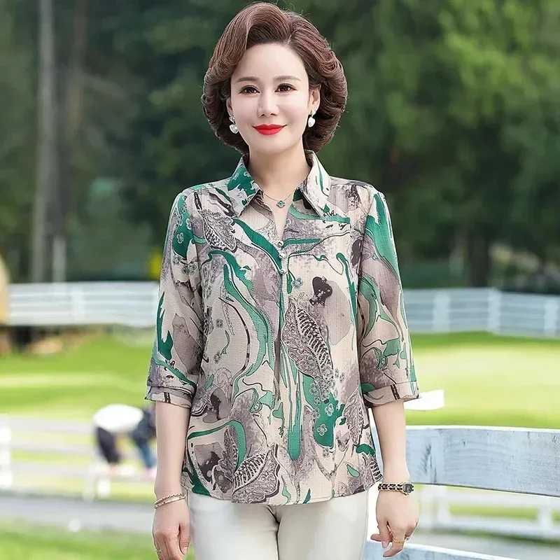 

Middle Aged Mother Summer Shirts Korean Loose Half Sleeve Lapel Collar Women Blouse Large Size Print Female Outfit Pant Sets 5XL