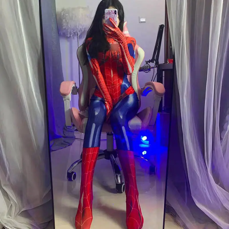 Women Spider Pattern Bodysuit Superhero Girl Cosplay Costume Catsuit Stretch Jumpsuit Zip Open File Romper Performance Dress Up