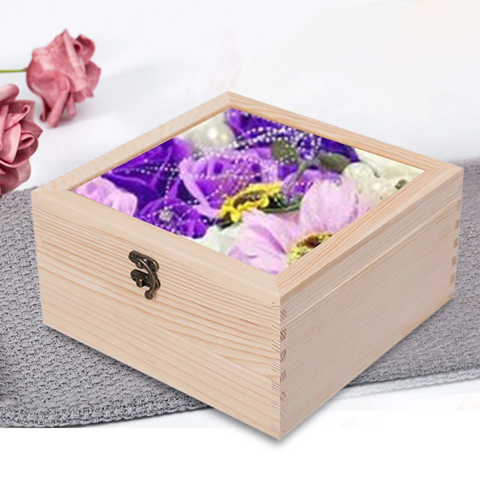 Wooden Box Jewelry Display Case with Glass Cover Storage Box Photo Holder DIY and Home Decorations Keepsake Trinket Box