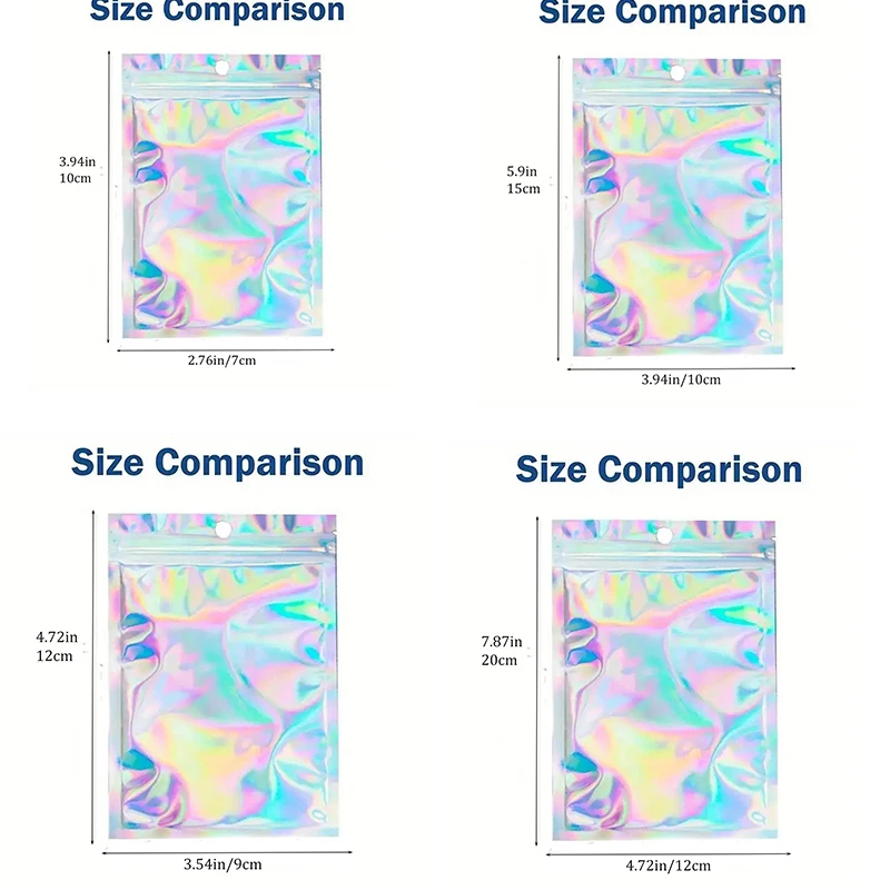 100 피스 홀로그램 백, 멀티 사이즈 레이저 레인보우 패턴 자체 밀봉 백, 캔디 백 및 전면 창 샘플용으로 적합