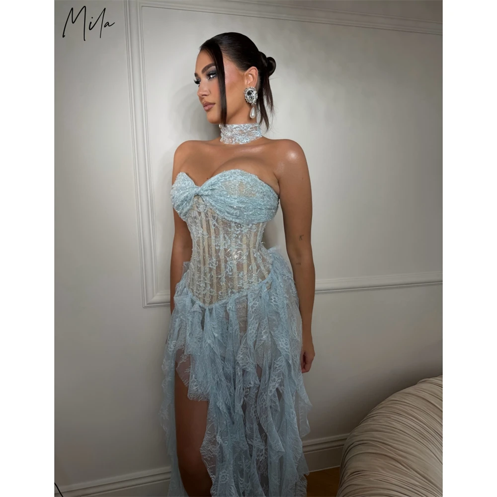 Mila Customized Blue Side Slit Sweetheart Sequins Prom Dress Cascading Ruffle Formal Evening Floor-Length Vestidos De Fiesta