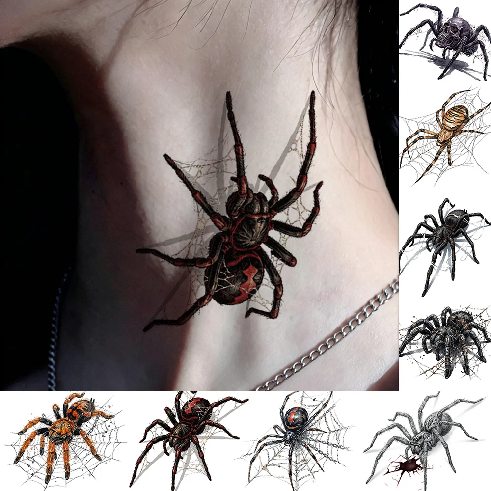 5/8Pcs Realistic Spider Skull Web Temporary Tattoo Stickers Gothic Spiders Decal Halloween Zombie Cosplay Body Face Fake Tattoos