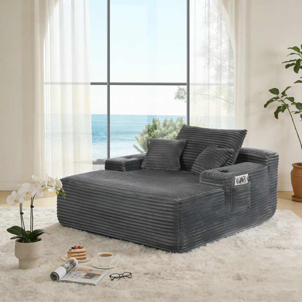 NEW Convertible Chaise Lounge Chair Plush with Wide Armrest & Throw Pillows, Cozy Boneless Sleeper Sofa Bed Armchair,with cup holder, for Living Room, Bedroom, No Assembly Required,Grey