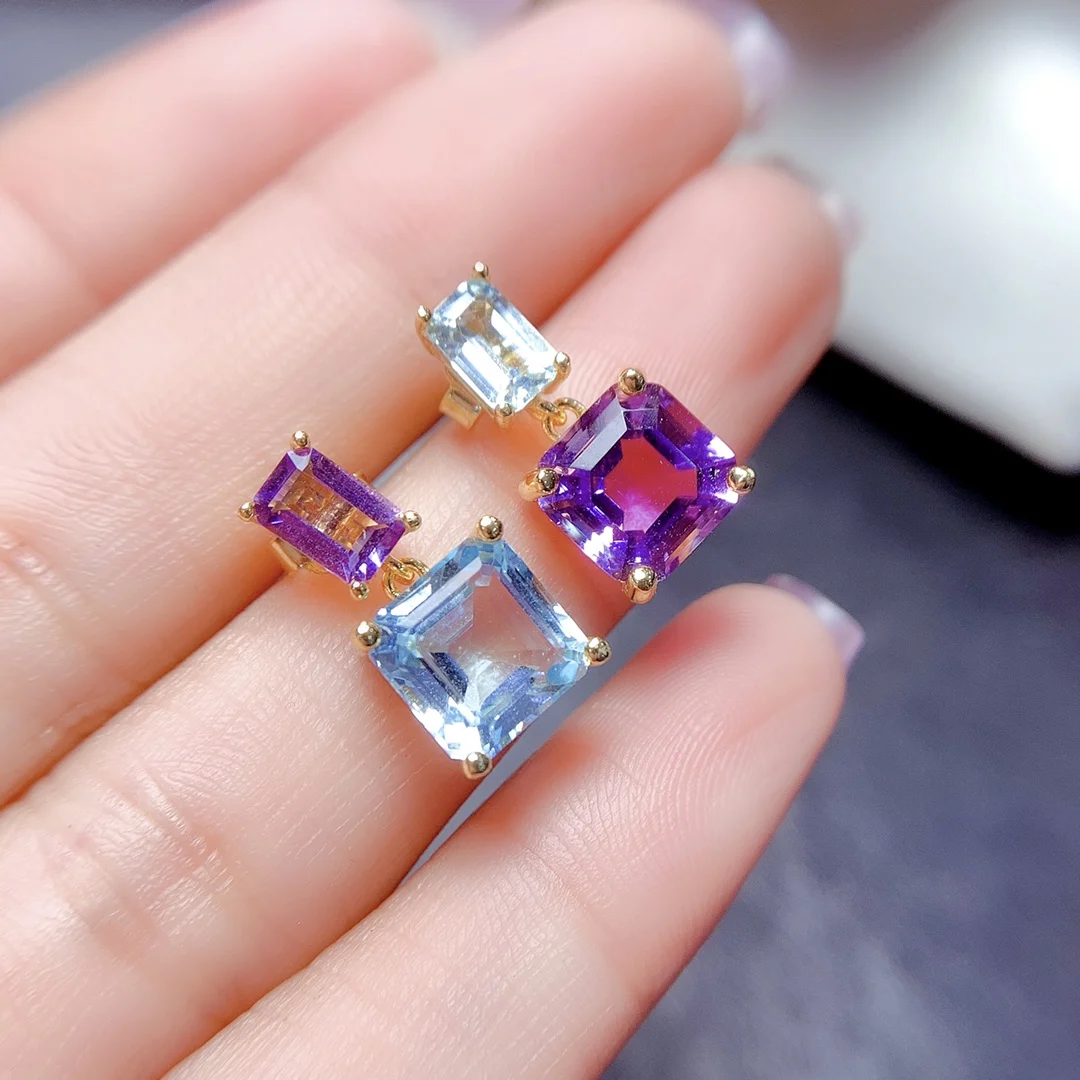 FS S925 Sterling Silver Natural Amethyst Topaz Asymmetric Earrings for Women Fine Charm Wedding Jewelry With Certificate MeiBaPJ - view 4