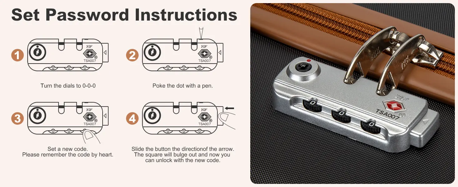Password setting instructions diagram with four steps, shown alongside a brown leather and metal combination lock mechanism.