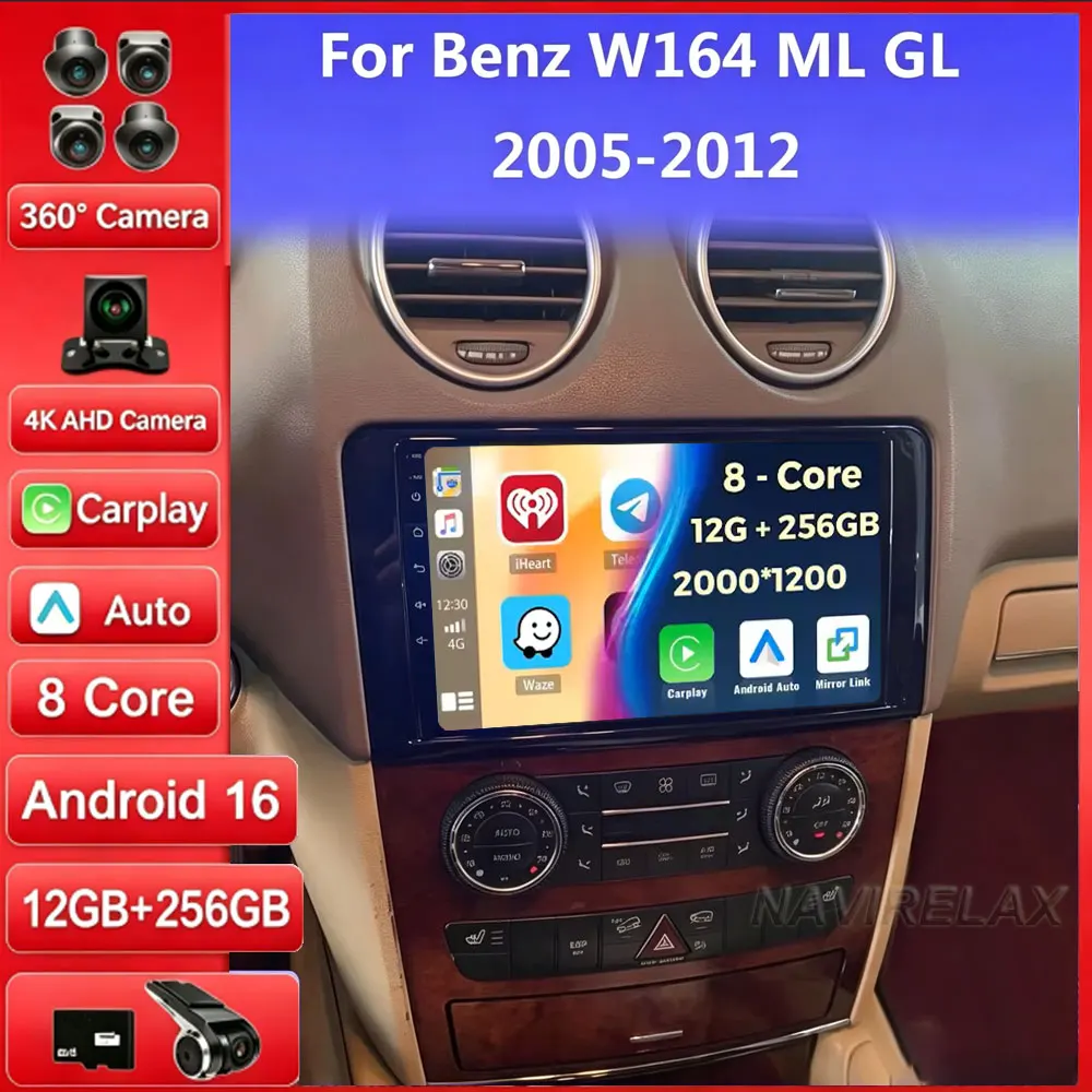 Android 16 For Benz GL ML W164 ML350 ML500 X164 2005-2012 2K QLED Android Car Radio Multimedia Video Player GPS Stereo CarPlay