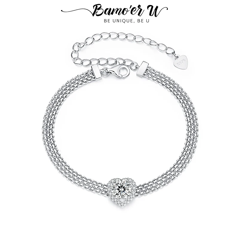 Bamoer U 1CT Heart Moissanite Woven Bracelet Adjustable Handmade Wide Wrist Chain Original for Women Dazzling Gift Mother's Day