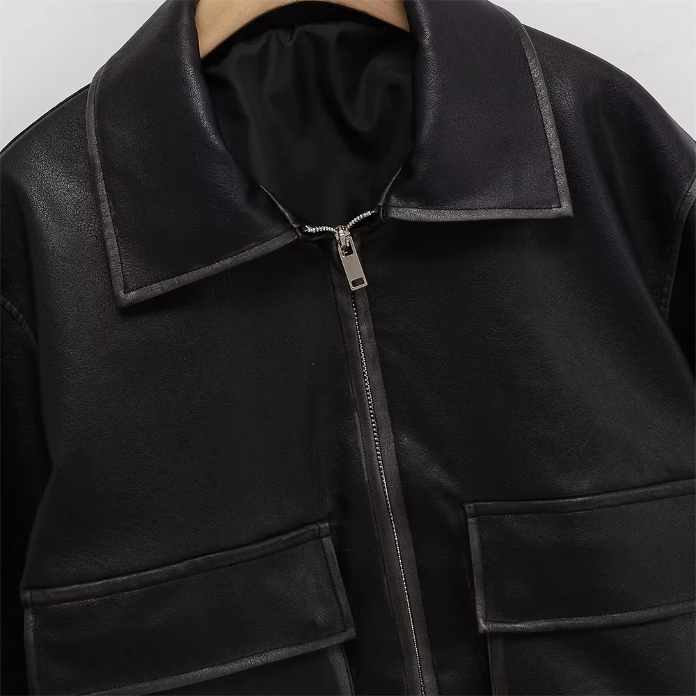 women's new casual pocket decoration lapel versatile patch bag leather PU leather jacket jacket jacket
