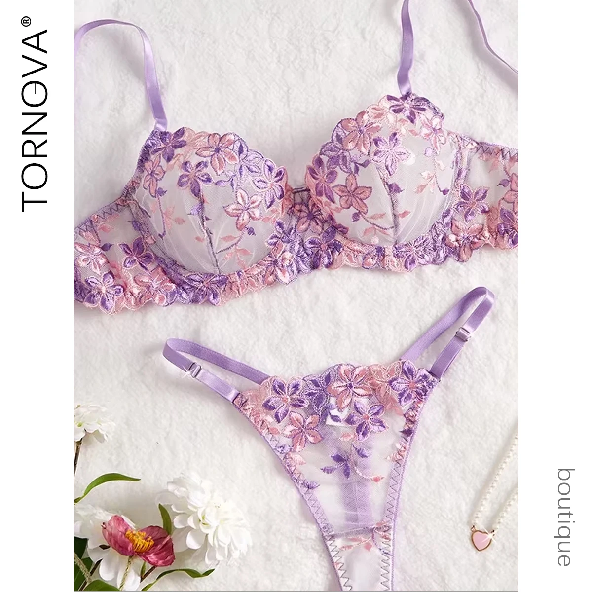

Tornova Sexy Purple Sexy Lingerie for Women Mesh Hollow Out See-Through Thin Embroidered Sexy Interesting Lace Underwear Set New