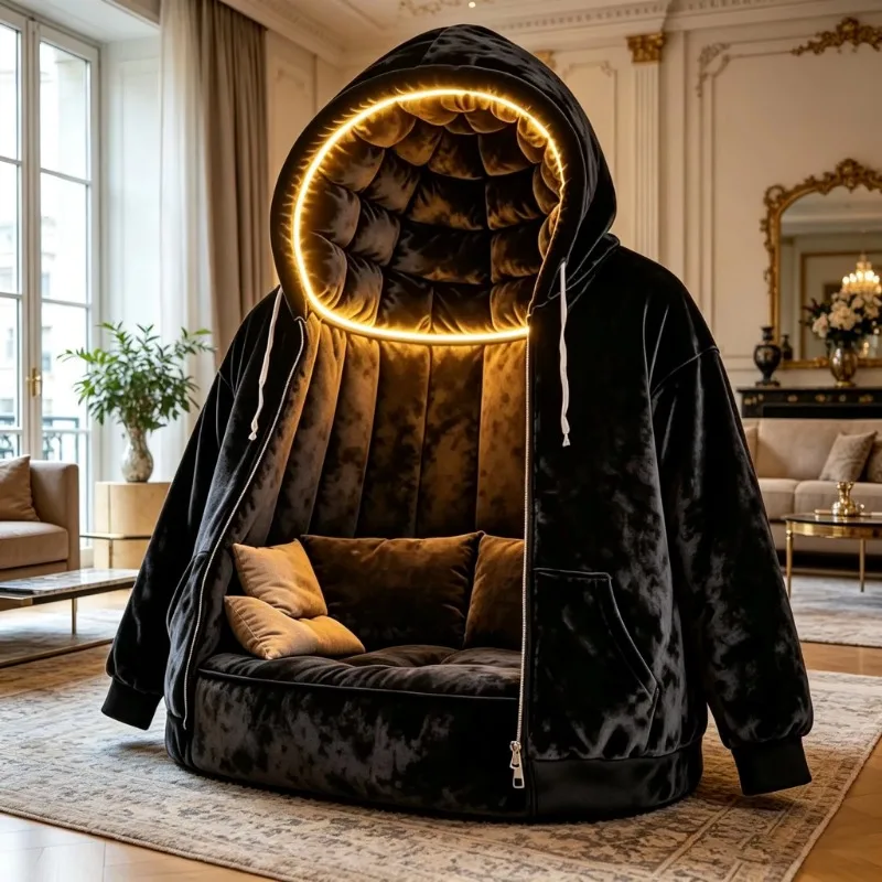 Sculptural irregular fiberglass frame lounge sofa with black velvet design, imitation hoodie style with warm LED lights
