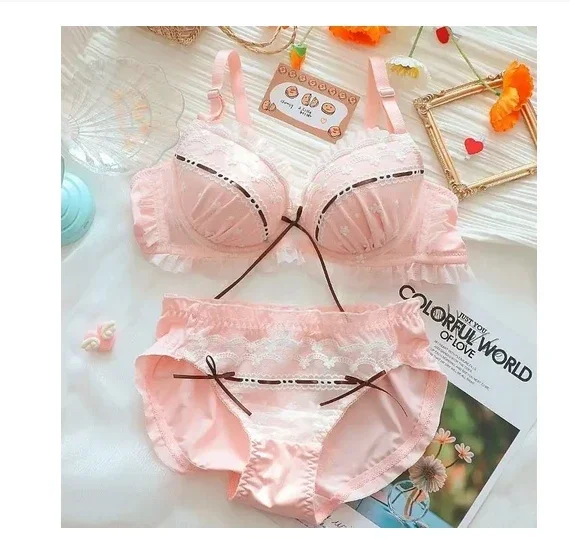 Sweet lolita cute bra underwear set push up bra set lace lingerie brief with steel ring gathered bra underpant seamless bralette