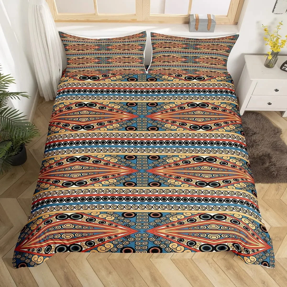 

Bohemian Geometric Duvet Cover Set Full,Vintage Circle Rhombus Tribal Bedding Set Colorful Ethnic Indian Aztec Style Quilt Cover