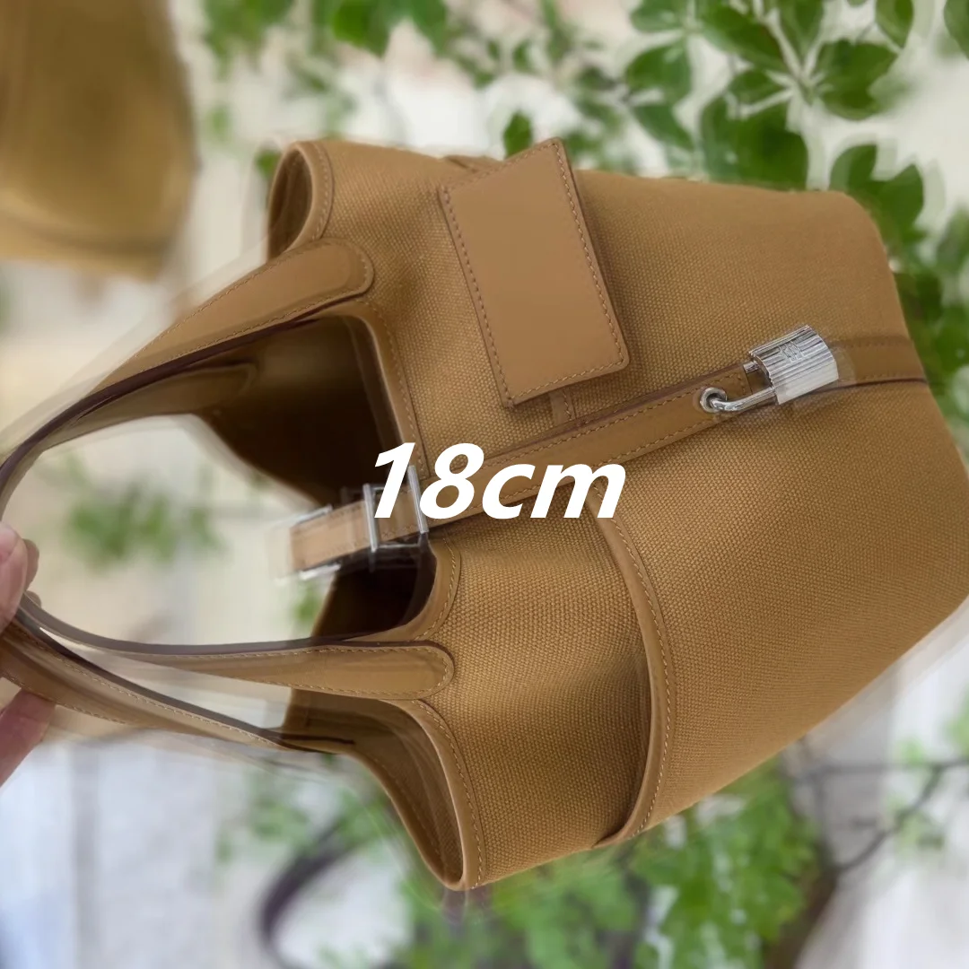 Any Canvas Splicing Genuine Leather Vegetable Basket Women\'s Bucket Bag 18cm Handbag Fashionable New Versatile And Lightweight -