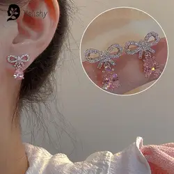 1/2Pair Shining Pink Zircon Waterdrop Bow Stud Earrings Romantic Heart Pink Crystal Earrings Exquisite Women's Jewelry Gifts