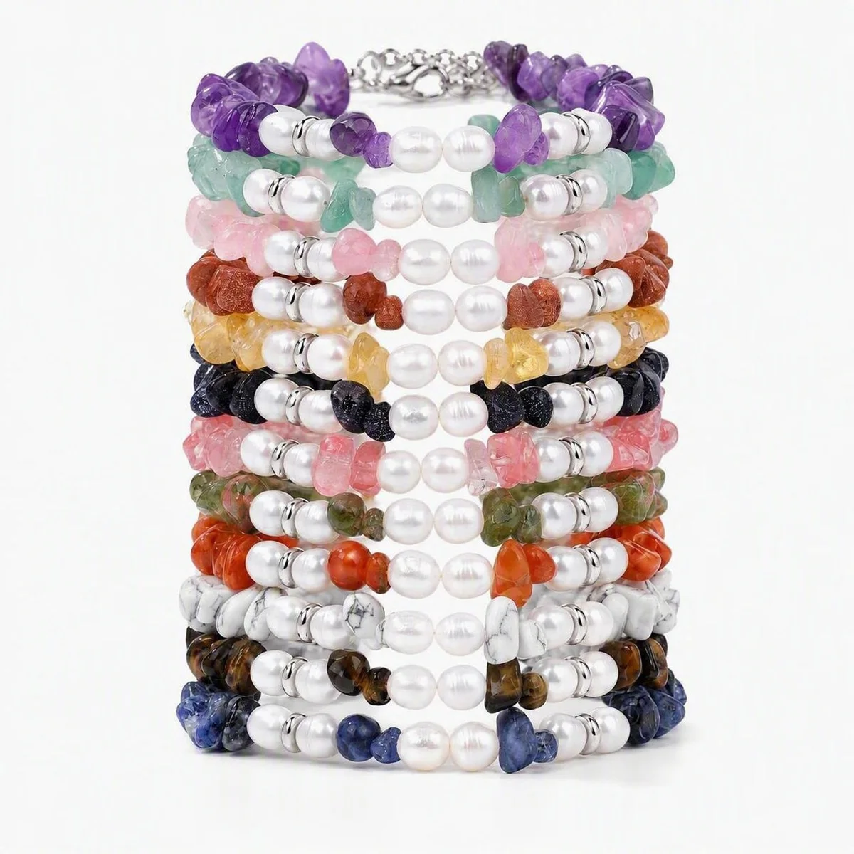 Handmade Healing Crystal Chip Bracelet with Freshwater Pearl Beads and SilverChain Women Fashion Stackable for Daily Wear