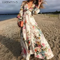 Romantic Dress Women Floral Print Deep V-neck Sexy Lady Party Big Swing Long Sleeve Slim Epmire Spring Summer Bohemian Cloth