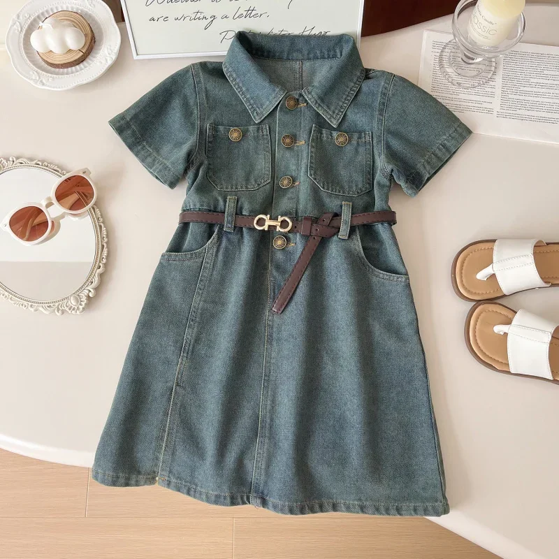 

2025Girls Summer New Korean Style Washed Soft Short Sleeve Denim Dress