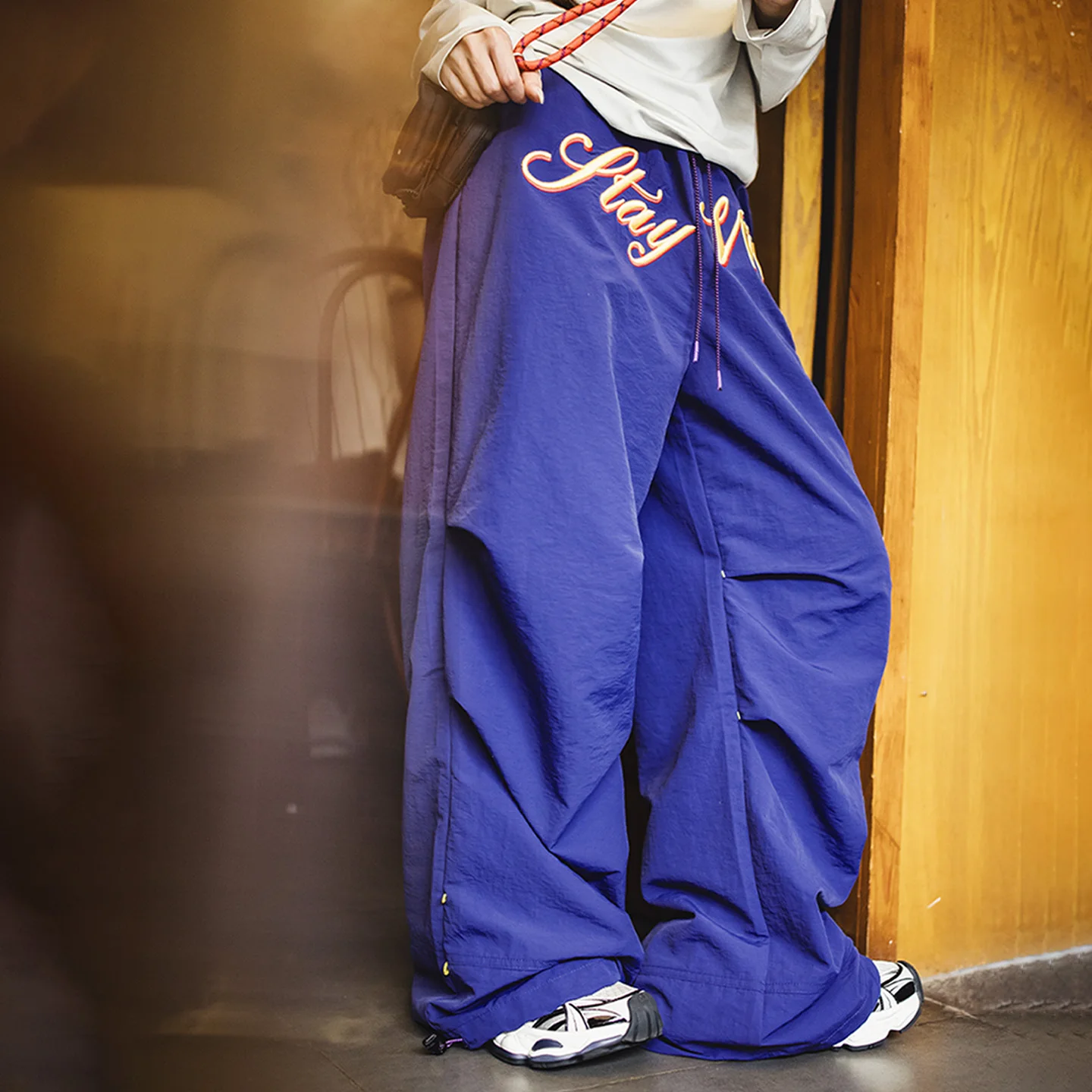 Maden Women's American Retro Quick Dry Cool Parachute Pants Thin Straight Wide Leg Cuffed Design Sports Casual Daily Workwear