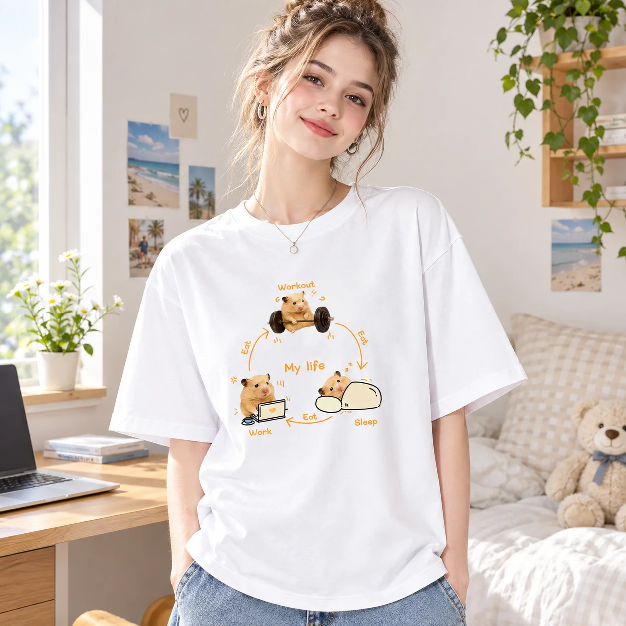 2026 Funny Hamster My Life Routine T-Shirt Workout Eat Sleep Work Graphic Tee Summer Short Sleeve Casual Humour Streetwear Tops