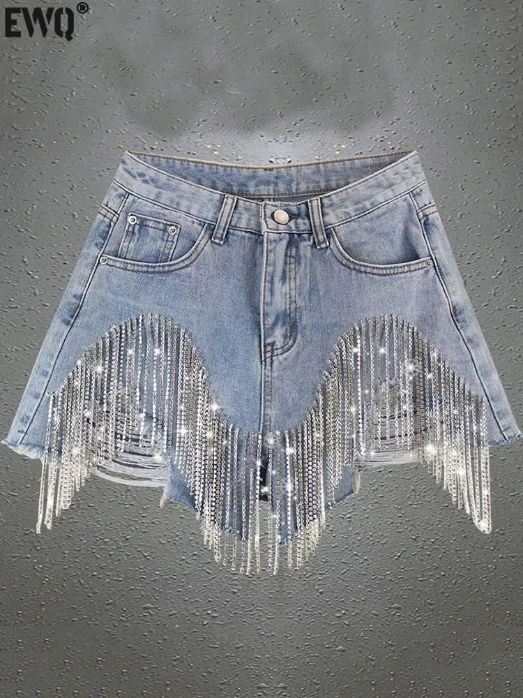 [EWQ] Luxury Diamond Chain Tassel Edge High Waist Straight Wide Leg Denim Shorts Blue Pant For Women 2024 Spring Summer 16U8986