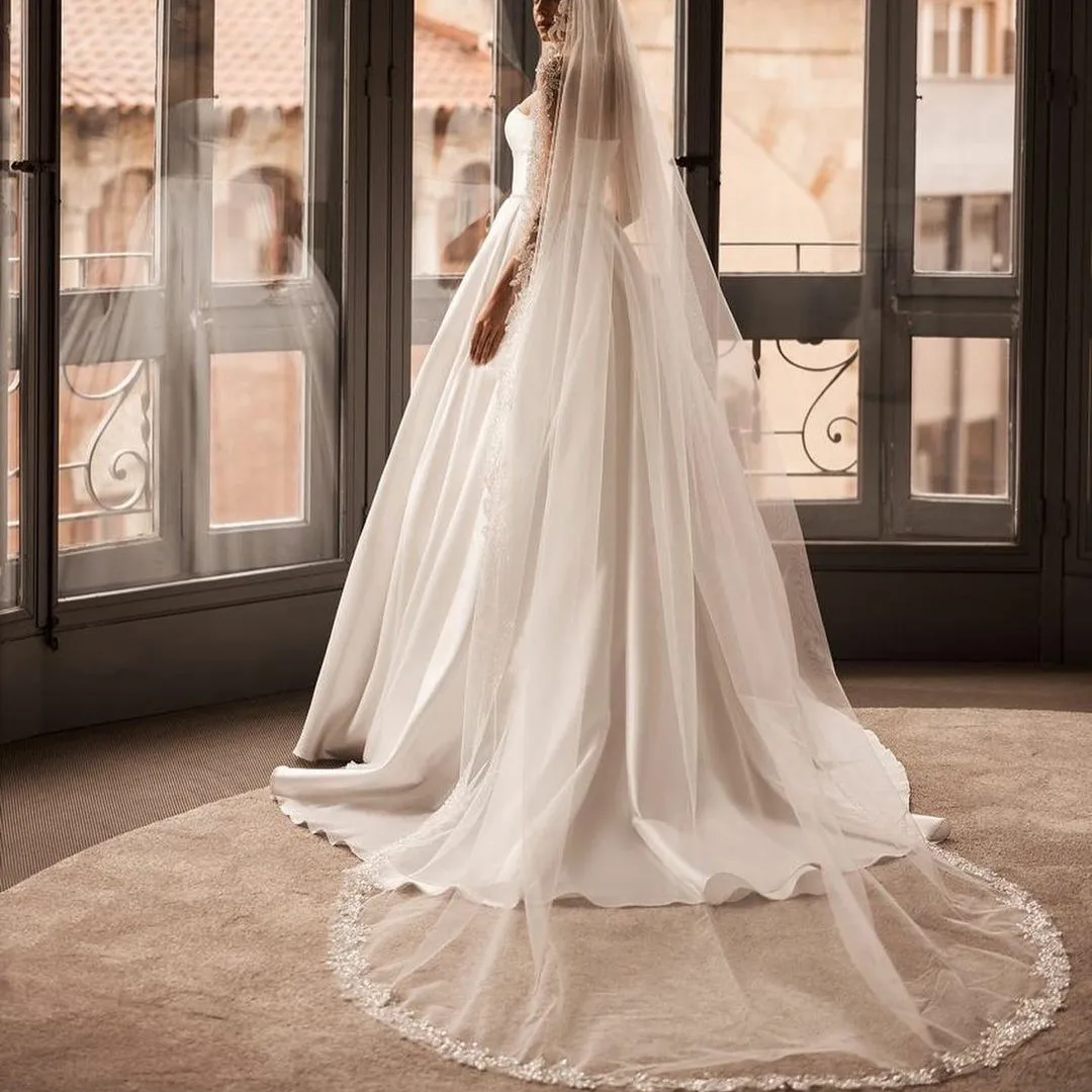 Customized Long V-Neck Satin Wedding Dresses With Beaded Belt A-Line Corset Back Small Train Bridal Gown With Pockets for Women