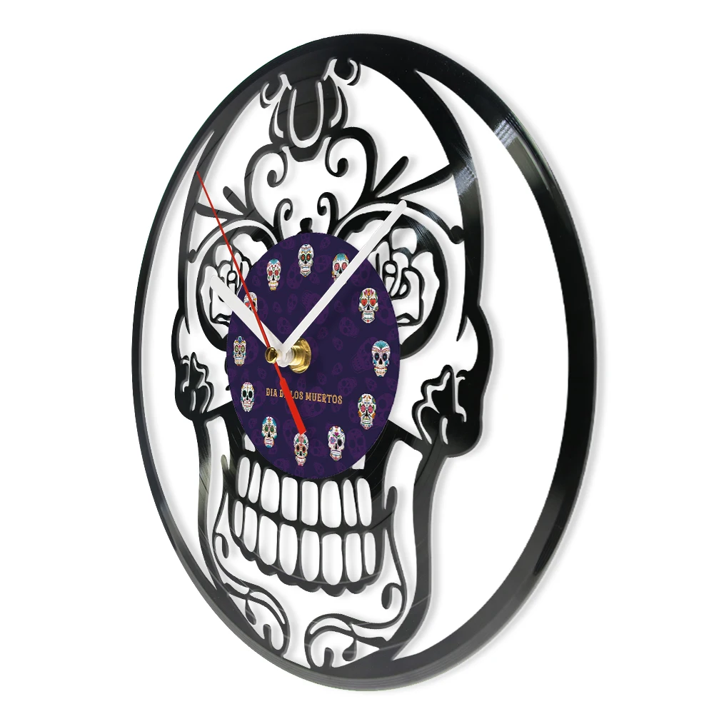Sugar Skull Head Vinyl Record Wall Clock Day of the Dead Home Decor Dia De Los Muertos Carved Music Album Longplay Wall Clock