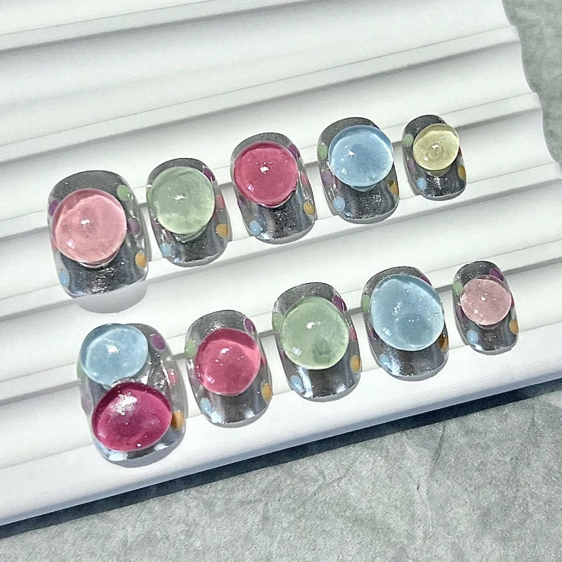 10PCS Magic Mirror Powder Hand Pinch Colorful Ice Candy Handmade Wearing Nails Simple Cute Short Nail Art Patch