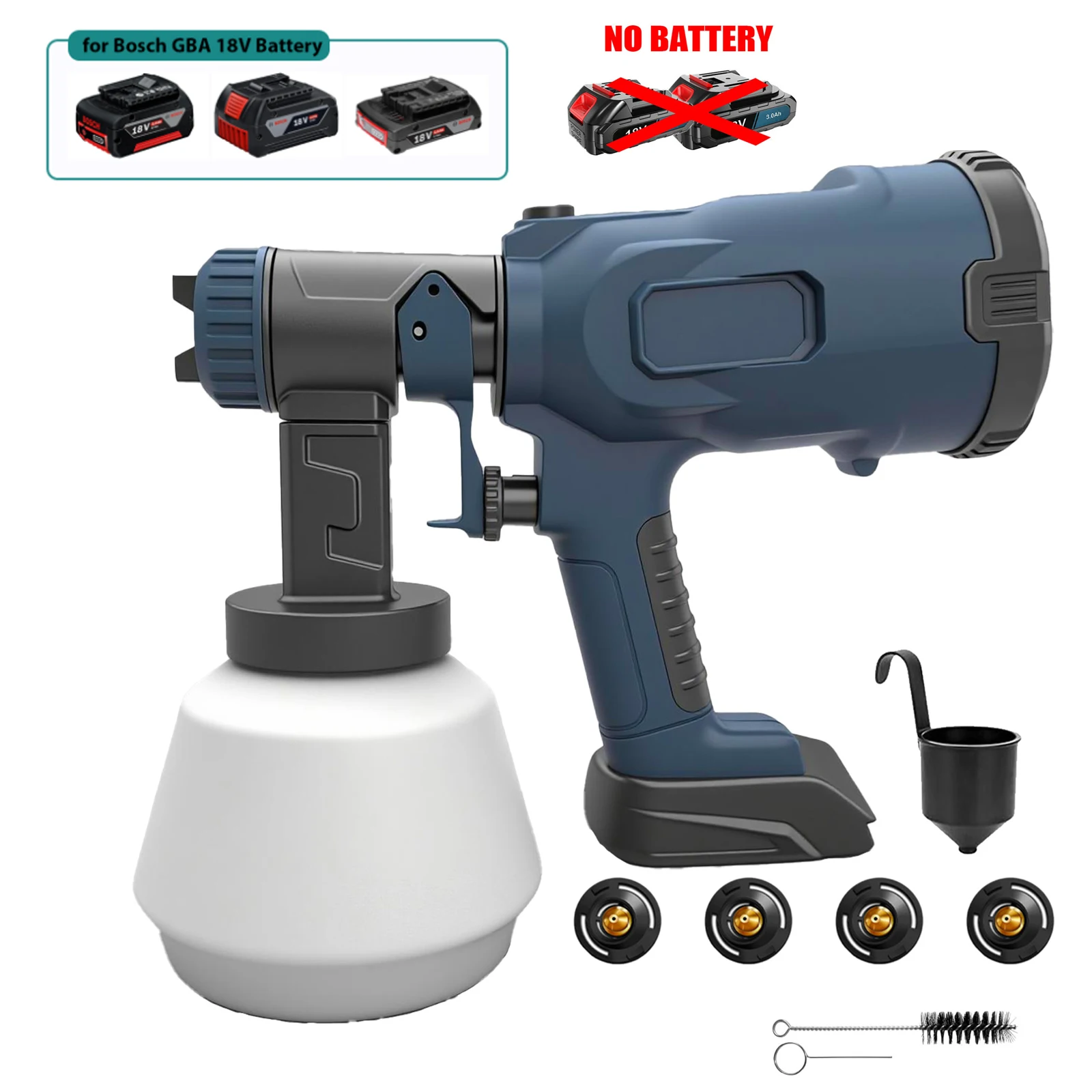 Pulverizador de pintura inalámbrico para batería Bosch GBA, pistola pulverizadora HPIV con kit de limpieza de 4 boquillas, tanque de 1000 ml para Frence doméstico (sin batería)