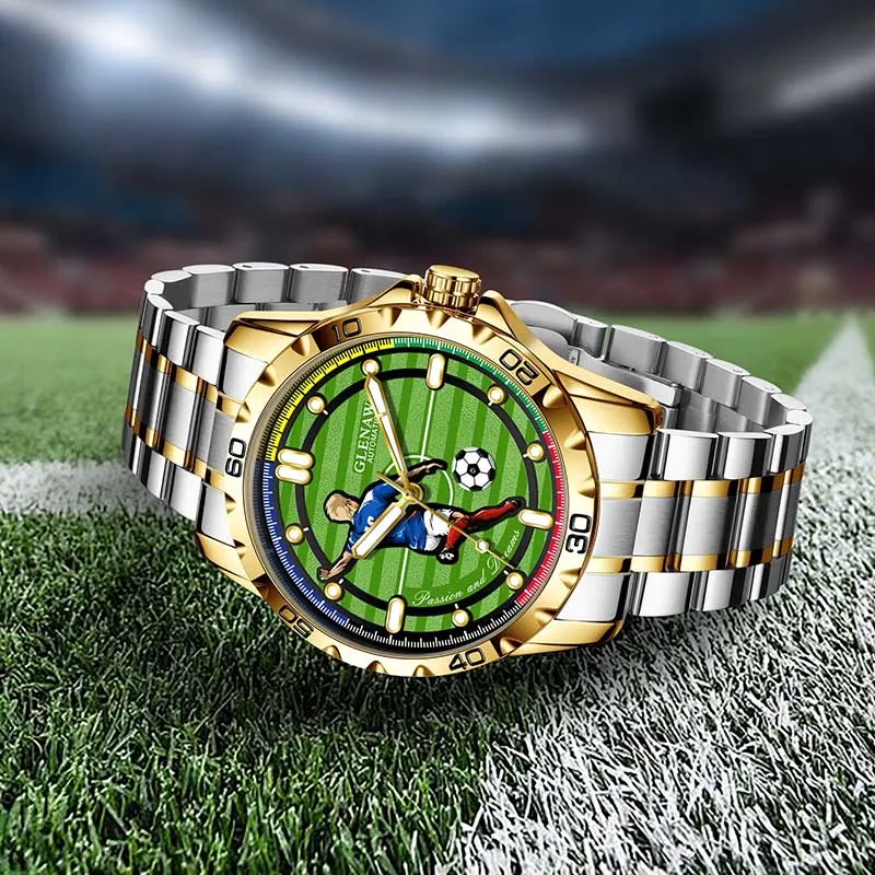 GLENAW Design 2025 ساعة ميكانيكية جديدة للرجال لكرة القدم نمط رياضي من الفولاذ المقاوم للصدأ مضيئة مقاومة للماء ساعة رجالية تحول كرة القدم