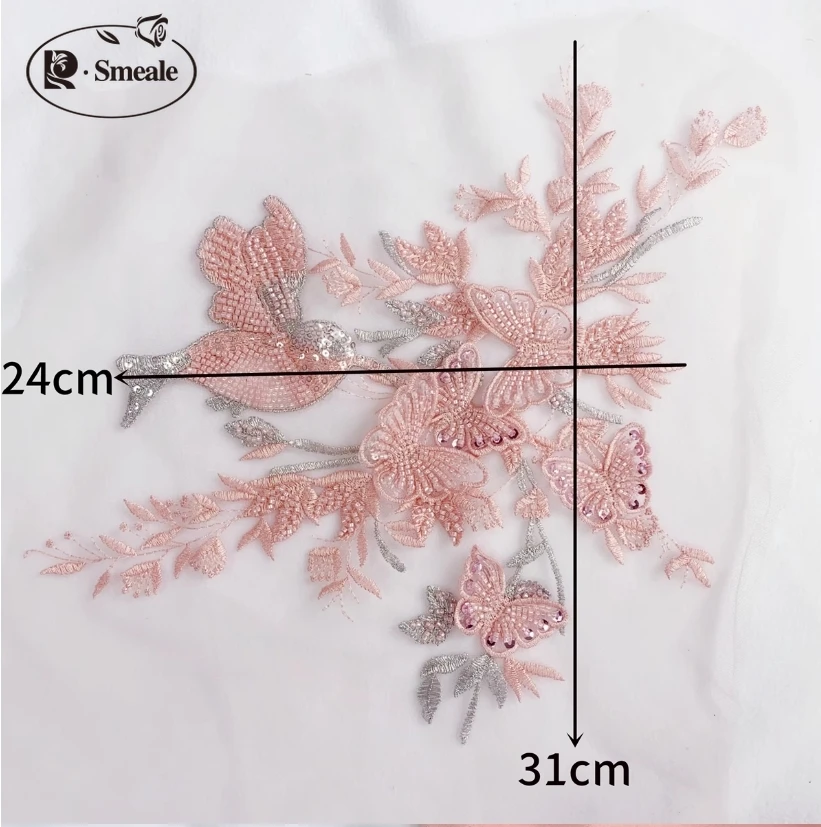 4 Farbe 31*24cm Vogel Schmetterling Zweig 3d Applikation Pailletten Rohr Perle Spitze Patch Kleid Kinder kleidung dekorative Blumen rs4228 – Detail 5