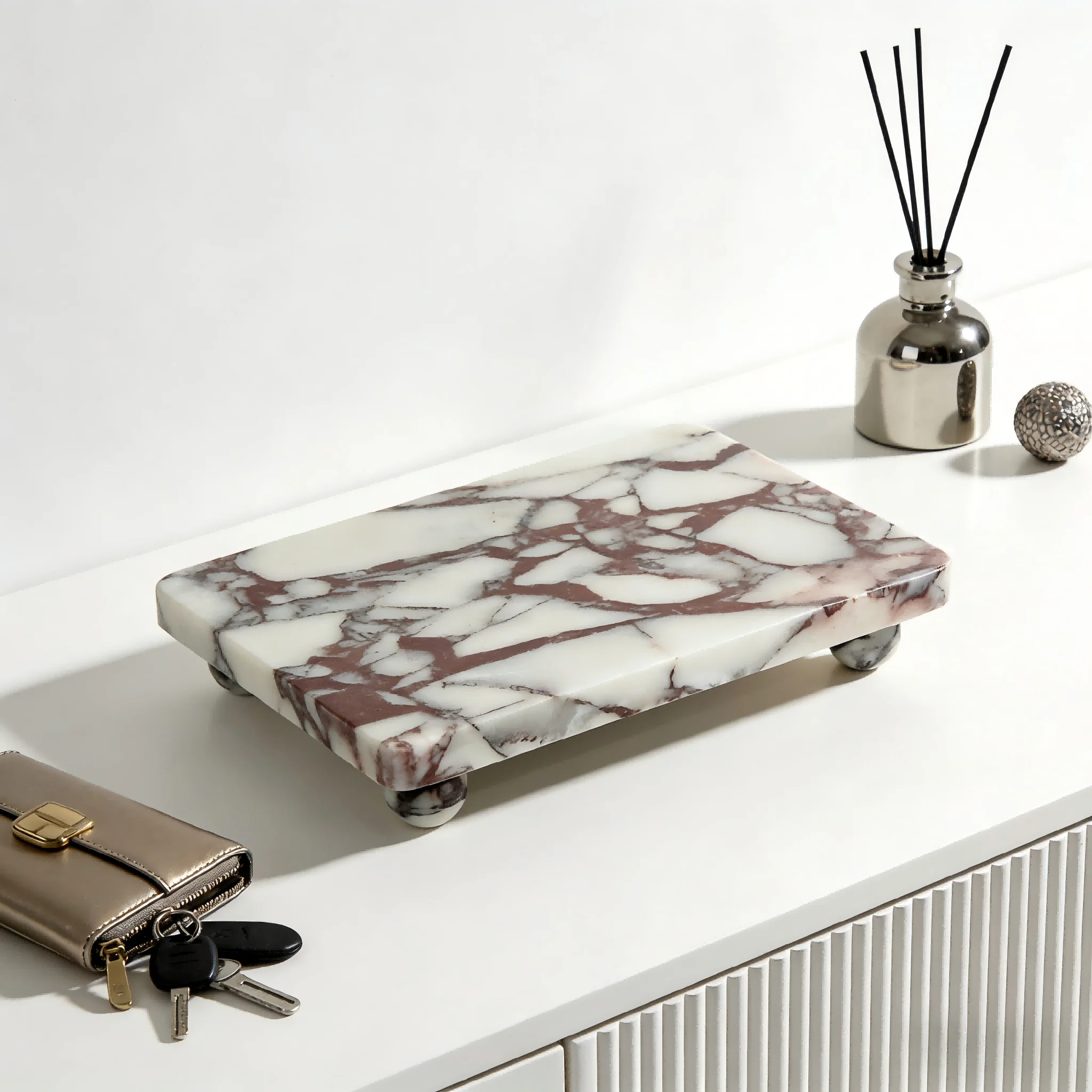 Raised Stone Tray 4 Sphere Feet, Rectangular Catchall Chamfered Corners, Water-Resistant for Soap Jewelry, Vanity Decor