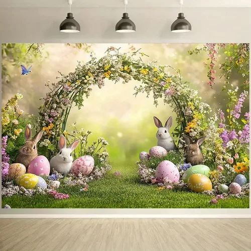 Imagen 2 del producto VIKAMA - Fondo de Fotografía con Diseño de Bosque de Pascua, Tema de Fiesta de Primavera, Bonito Dibujo Animado, Decoración de Pared