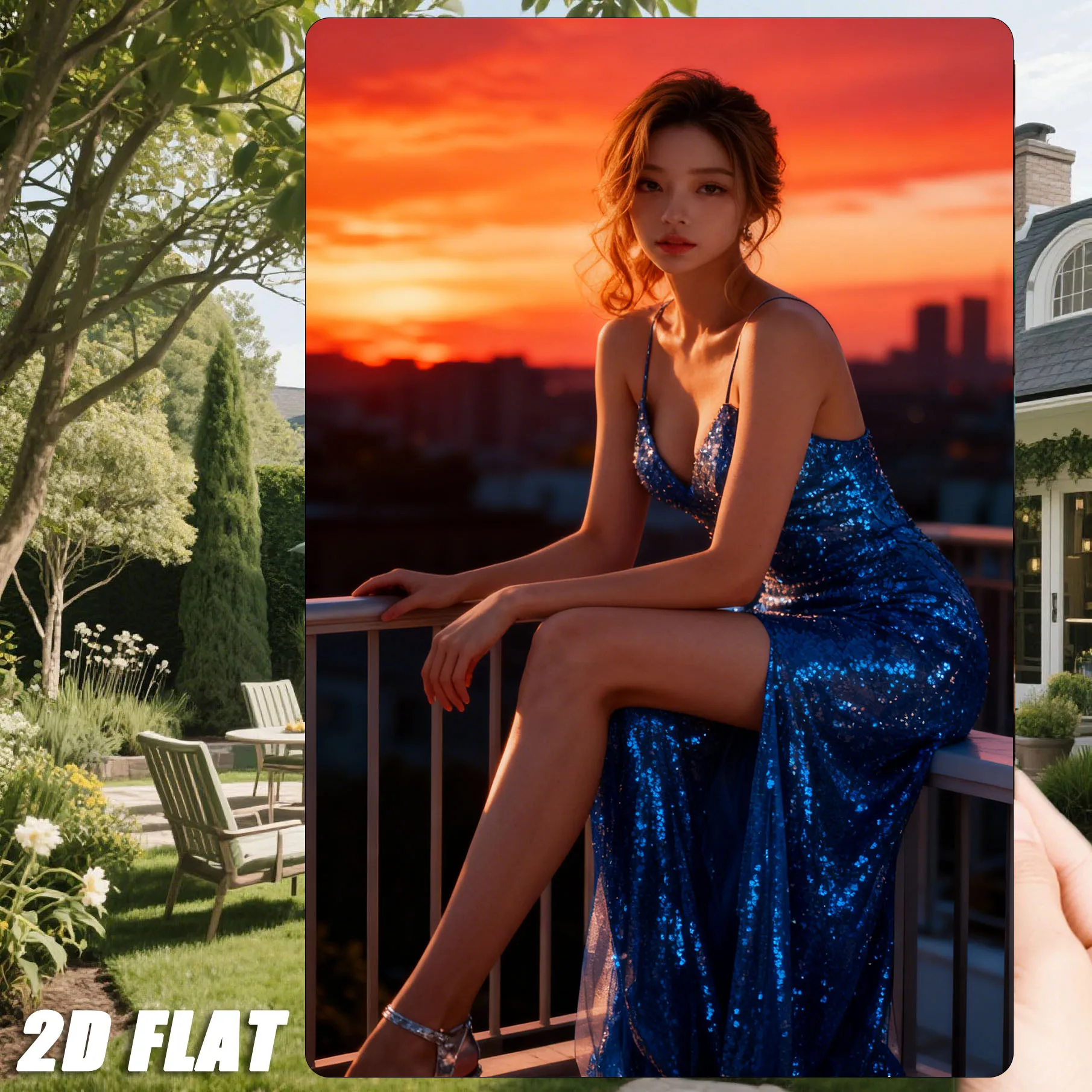 Vintage-Beauty aus dem Osten mit welligem Auburn-Haar in einem blauen Paillettenkleid mit Spaghettiträgern und Schlitz, auf dem Balkon posierend gegen flammenorange Hintergrund.