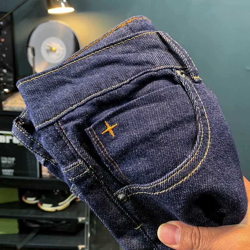 2024Summer Primary Color Washed Denim Shorts Men's Fashionable Printed Straight Shorts Dark Blue Stretch Bermuda Shorts