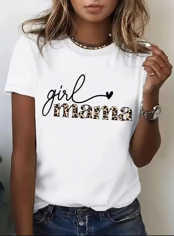 Women Girl Mama Graphic T Shirt Cursive Girl Letter Leopard Print Mama With Tiny Heart Round Neck Short Sleeve Casual Mom Of Girls Everyday Tee
