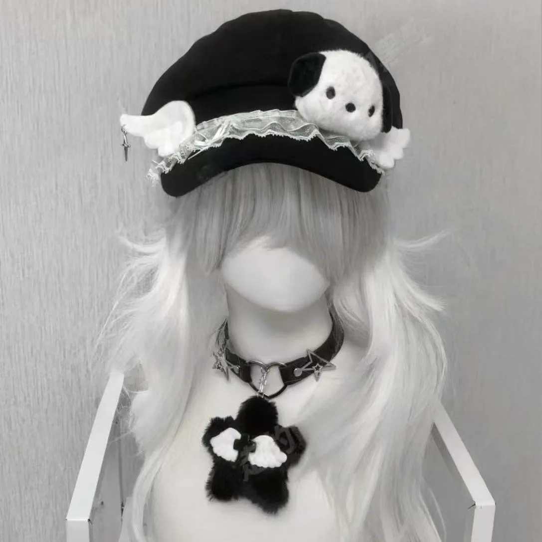 

Y2k Harajuku Girl Original Subculture Panda/Dog Angel Wing Lace Beret Cute Octagonal Caps for Lolita Girl
