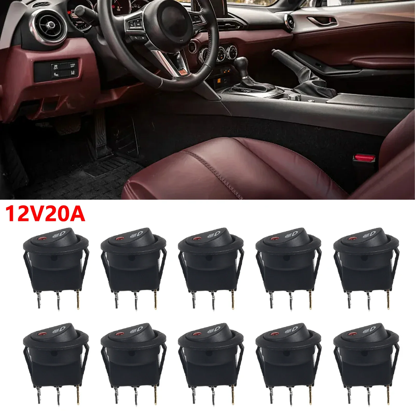 

10pcs/set Round Car Van Truck On-OFF Rocker Switch For 12V 20A Red Fog Light Led Lamp With 23x23mm Black ABS Plastic Shell