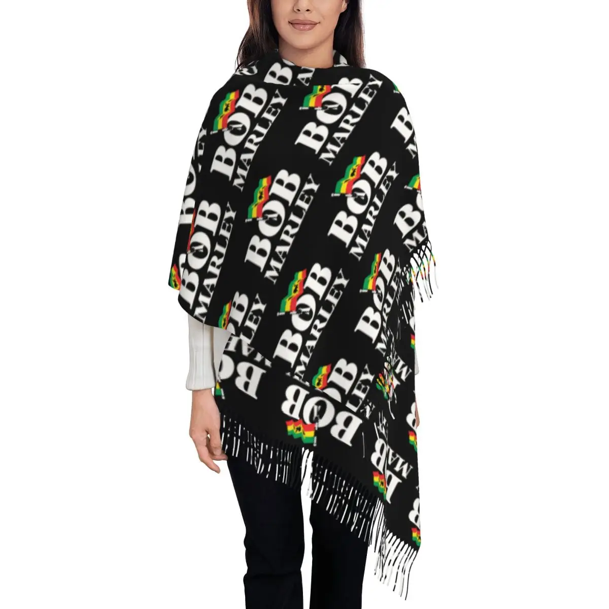 Customized Ladies Long Jamaica Singer Reggae Rock Bob Marley Scarves Women Winter Thick Warm Tassel Shawl Wraps Scarf