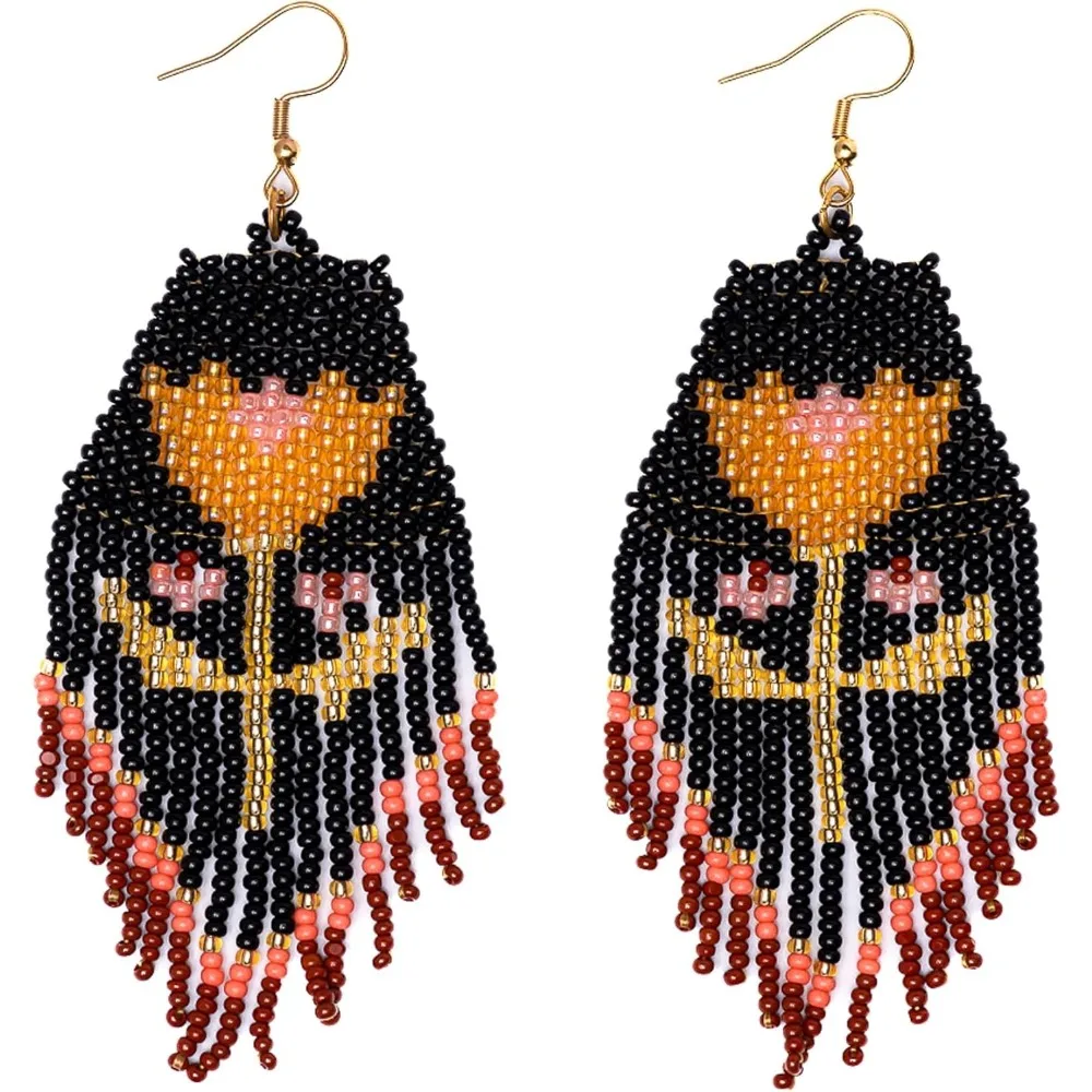 

Floral Fringe Seed Bead Earrings Black Gold Boho Lightweight Hypoallergenic Handmade
