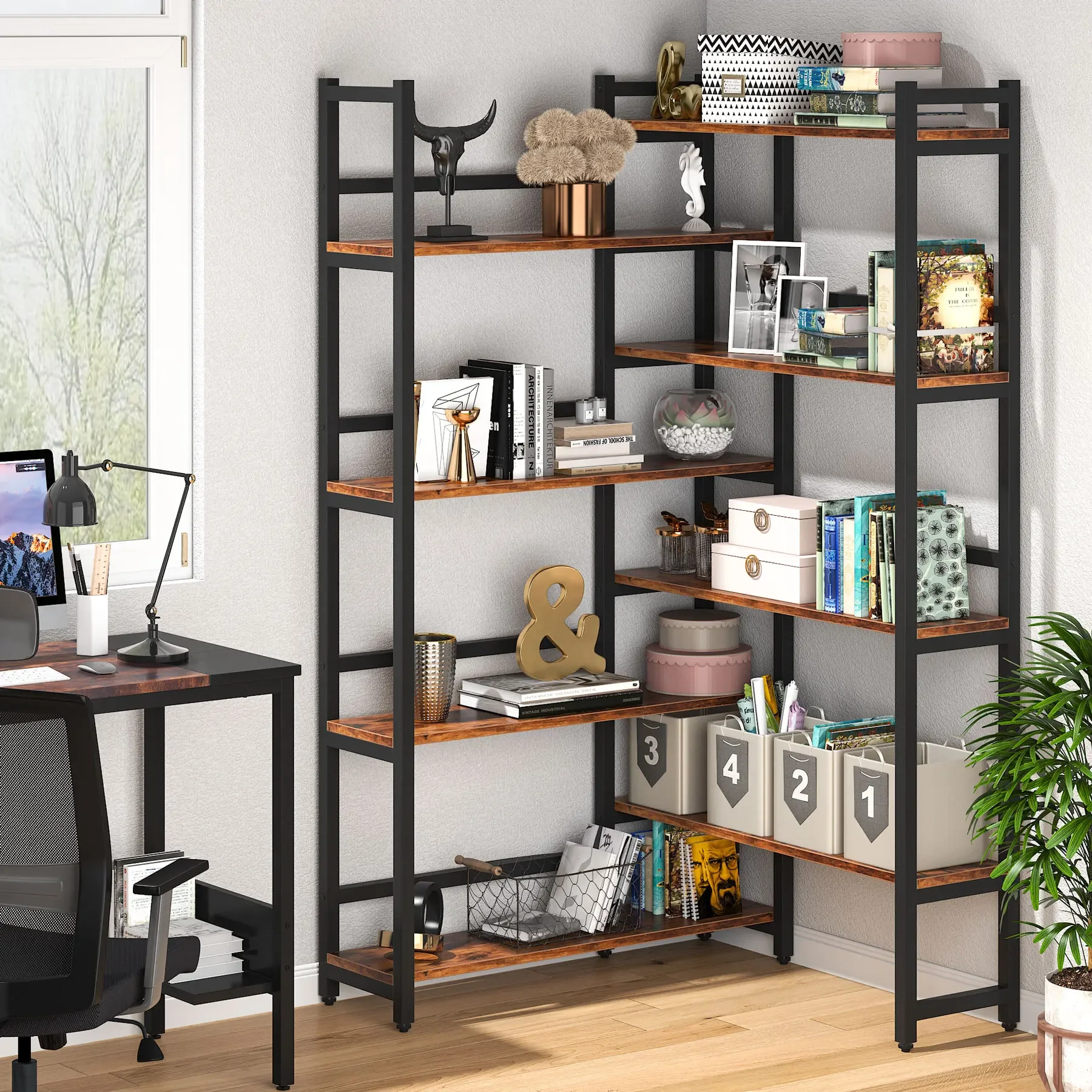 Tribesigns Corner Bookshelf 70.8” Tall Industrial Bookcase for Living Room Home Office