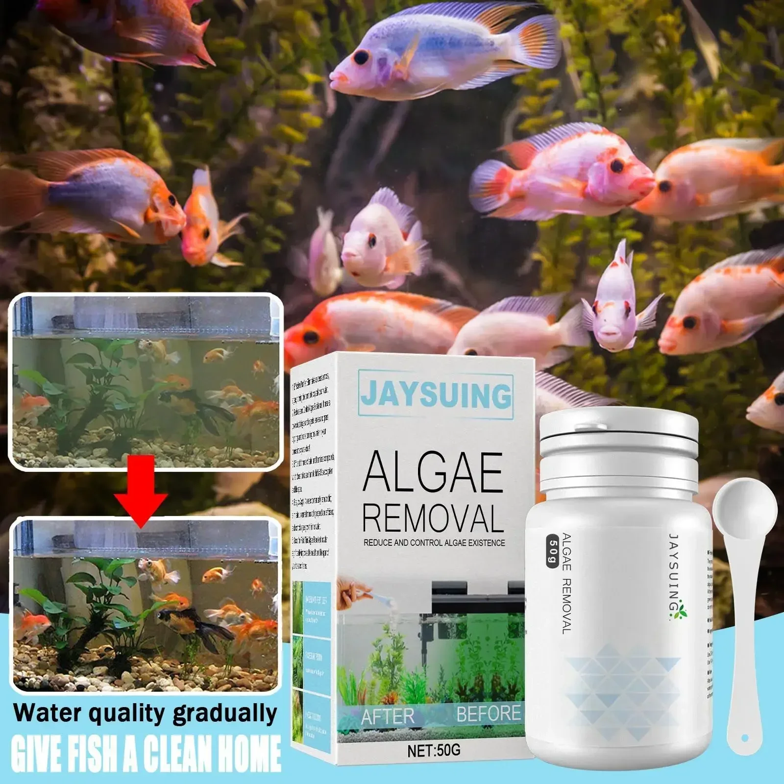 50g Algae Removal Agent With Spoon Tank Moss Remover Aquarium Fish Tank Pond Cleaner Sludge Destroyer Water Cleaning