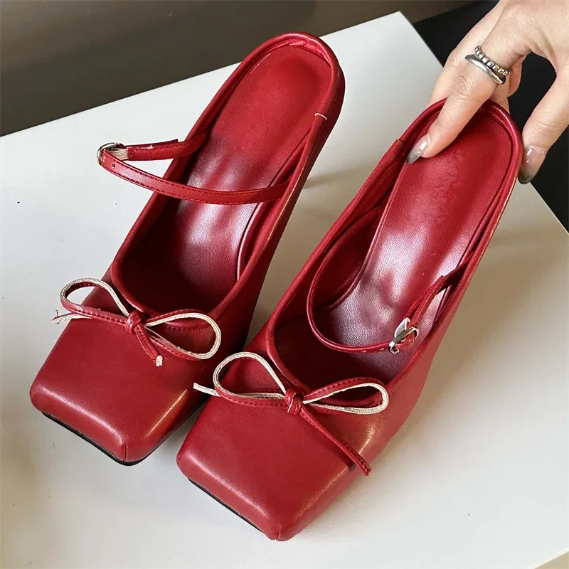 Eilyken Spring Bowknot Square Toe Women Slippers Sexy Buckle Strap Thin High Heels Prom Mule Pumps Shoes Zapatos De Mujer